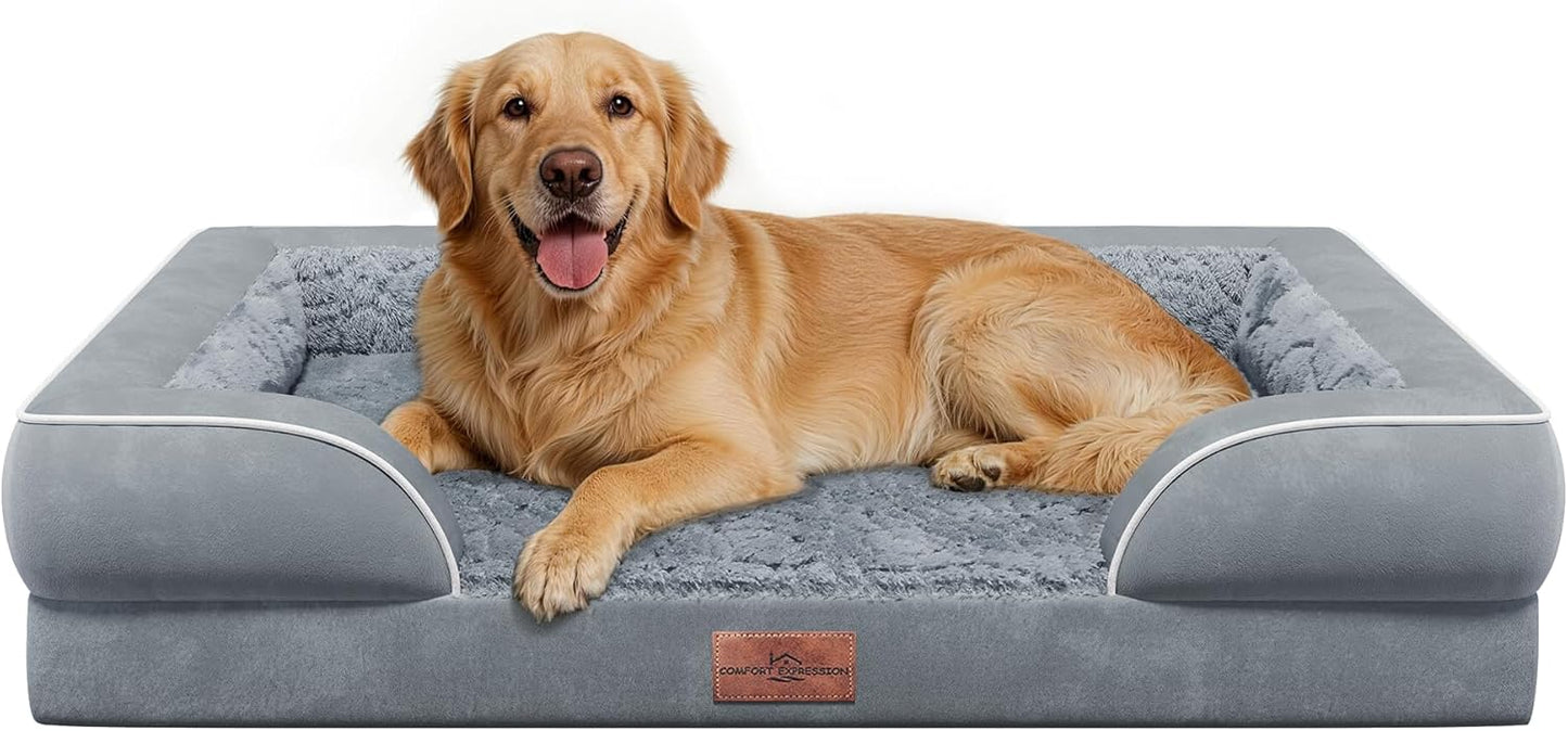 Comfort Expression Orthopedic Dog Bed for Extra Large Dogs 42x30 Inch, Waterproof Egg Crate Foam XL Pet Bed with Removable Bolsters, Dog Couch with Washable Cover & Non-Slip Bottom, Grey - Colors A