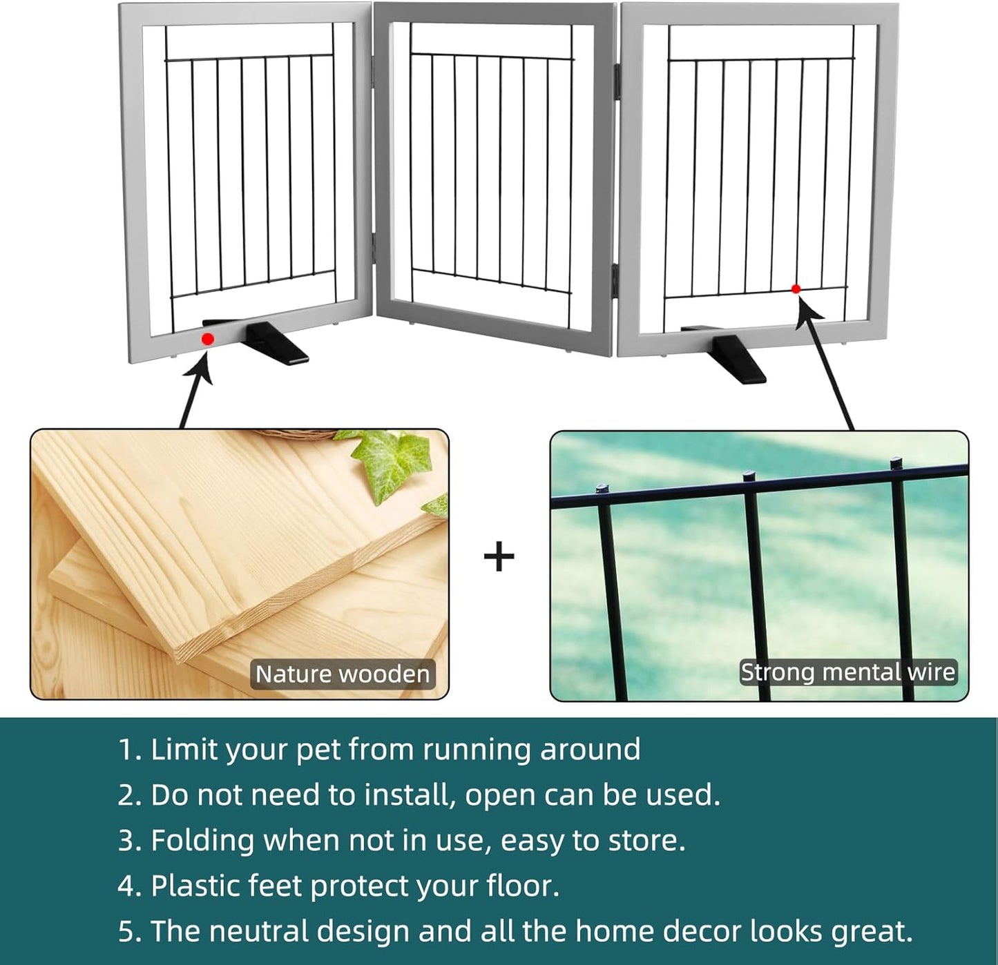ZJSF Freestanding Dog Gate Indoor, Foldable Dog Fence for Doorways,Hallways or Stairs, Sturdy Wood Extra Wide Pet Gate with Support Feet,Black,24 "Height-3 Panels