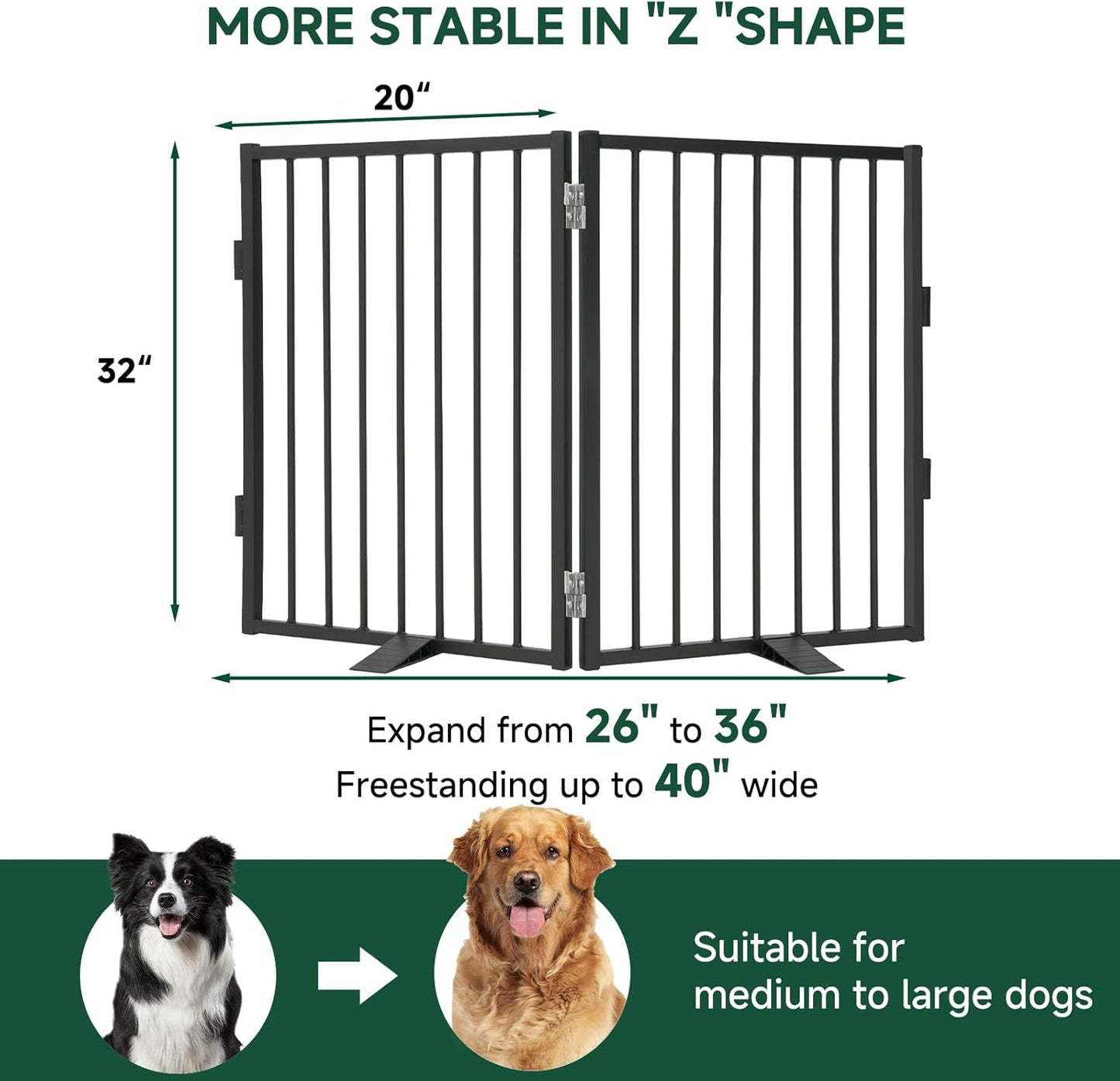 Snagle Paw Full Metal Freestanding Dog Gate,Indoor Dog Gate with Floor Protect Support Feet, 40x24 Inches Foldable Dogs Barrier for Stairs, Hallways and Doorways (24'' H 2 Panel, White