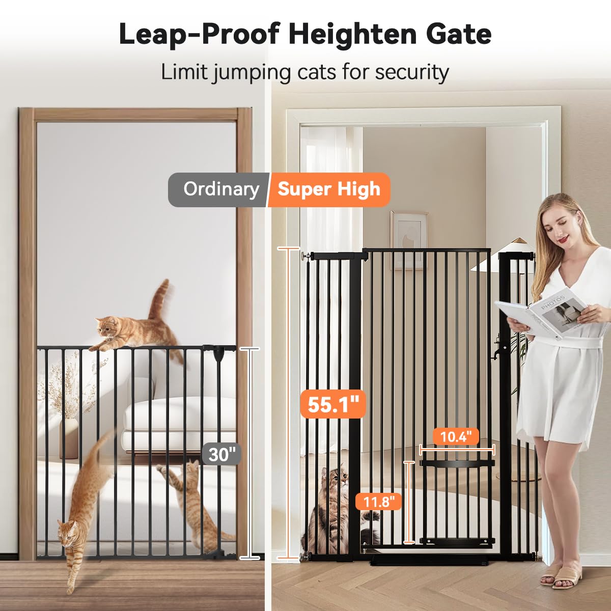 COMOMY 55.1" Extra Tall Pet Gate for Cats, Extra Wide Cat Gate with Adjustable Cat Door, Pressure Mounted Easy Walk Through Pet Gate with Door for Stairs, Doorways, Kitchen(White, 29.5-40.6")