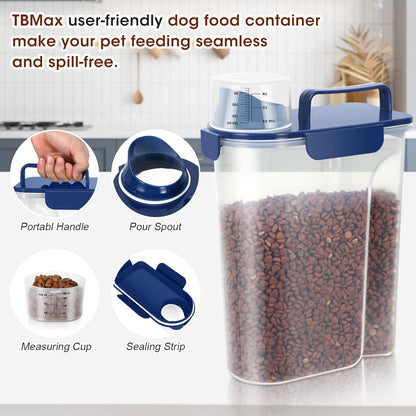 TBMax Dog Food Storage Container 5-7 lbs, Airtight Cat Food Container with Larger Spout & Measuring Cup, Portable Pet Food Storage Dispenser for Small Animal Kibble Storage, Bird Seed Container