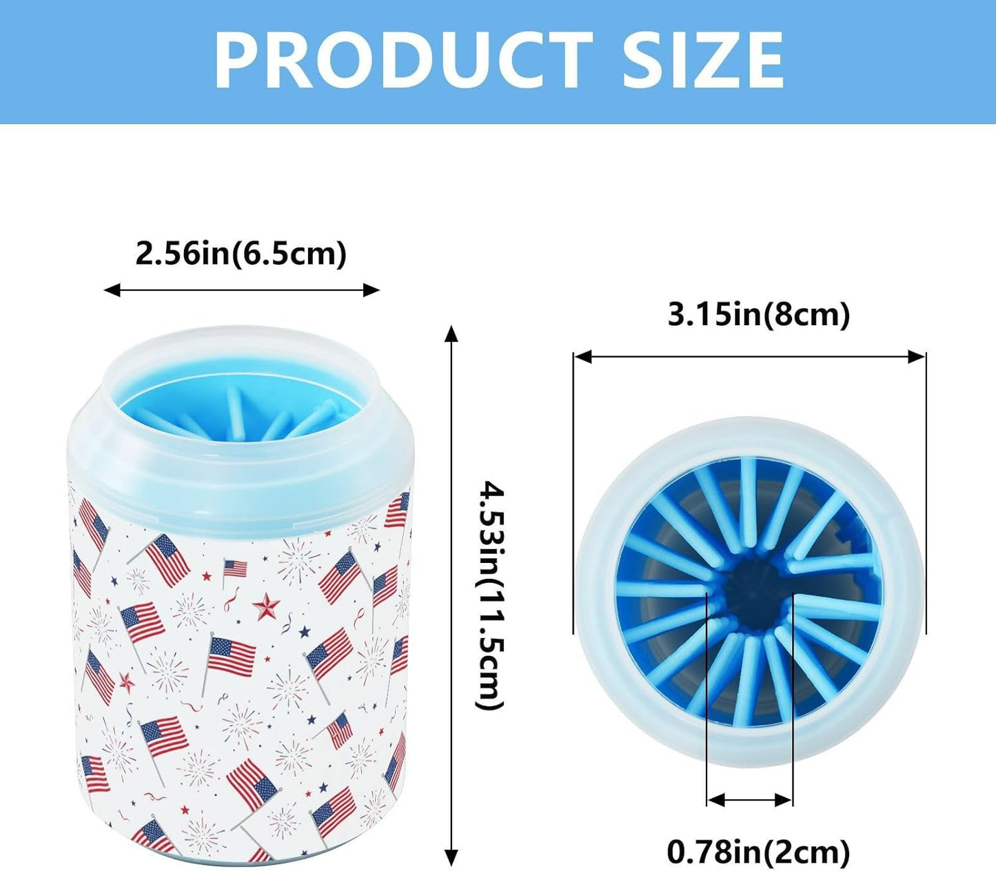 Flags Fireworks 250th Anniversary White Print Dog Paw Cleaner Cup with Soft Silicone Brush, Portable Small Lightweight Muddy Paw Washer for Dogs, Easy to Use Pet Foot Cleaner