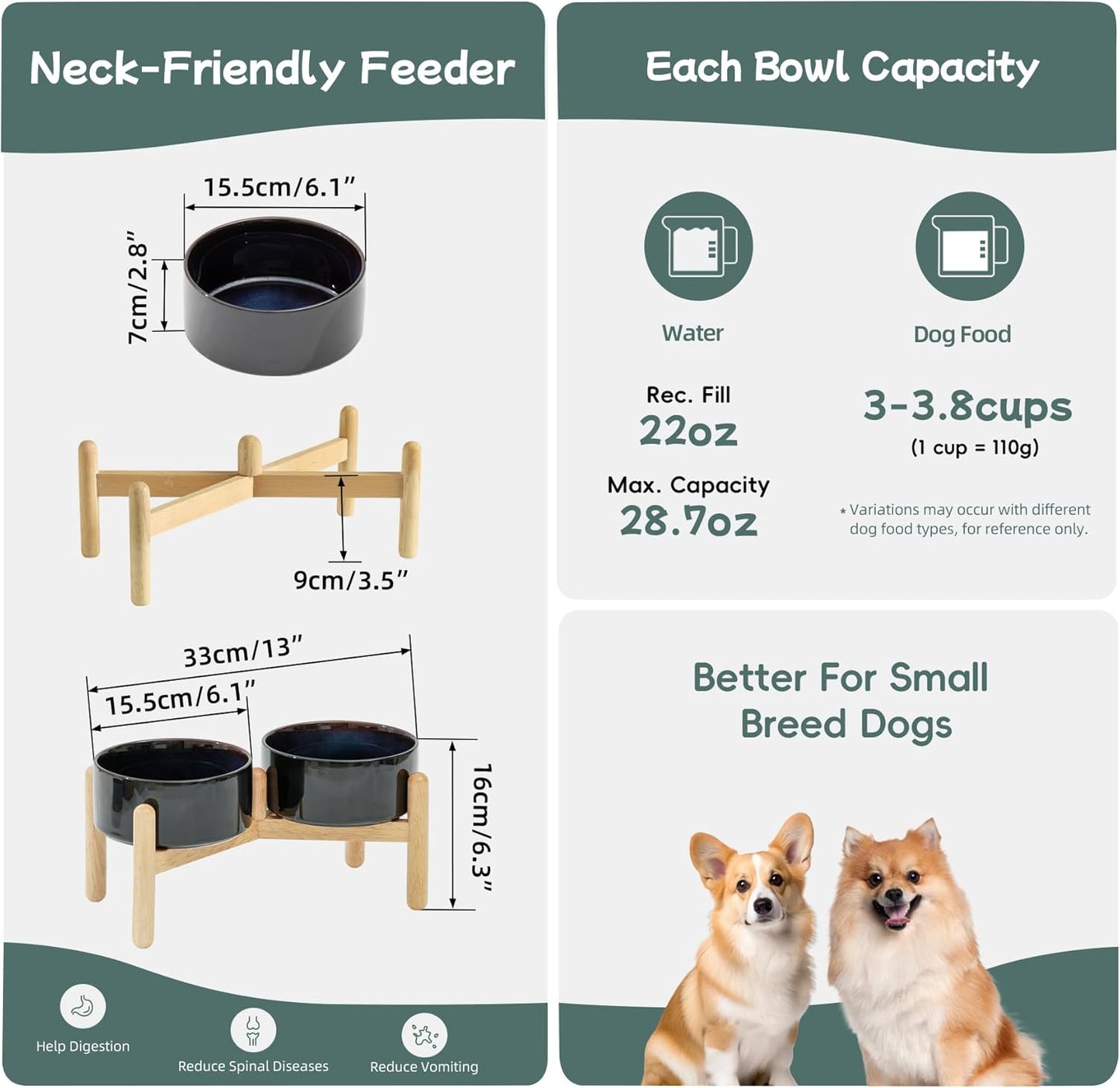 Havniva 8.3inch Ceramic Raised Dog Bowl with Stand, Elevated Dog Bowls for Large Breed Dog Food and Water Bowl Non-Slip Dog Dish Large Capacity Feeding Pet Water Bowl