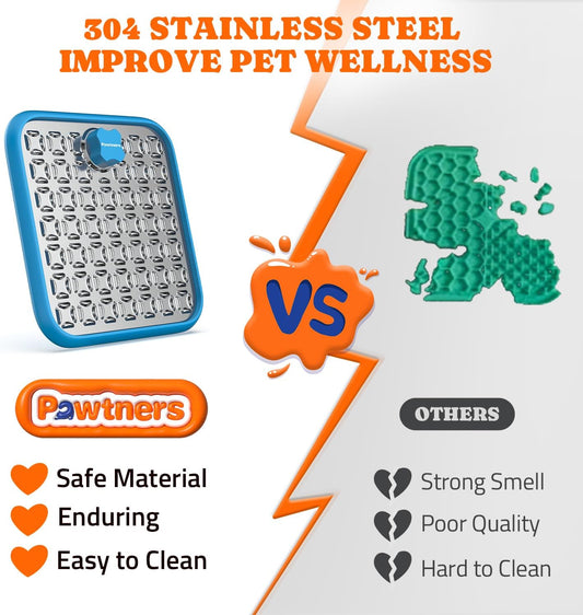 Lick Mat for Dogs & Cats, Stainless Steel Pet Slow Feeder for Crate Boredom & Anxiety Reduce, Cat Licking Pads with Spatula & Scrubbing Brush, Blue
