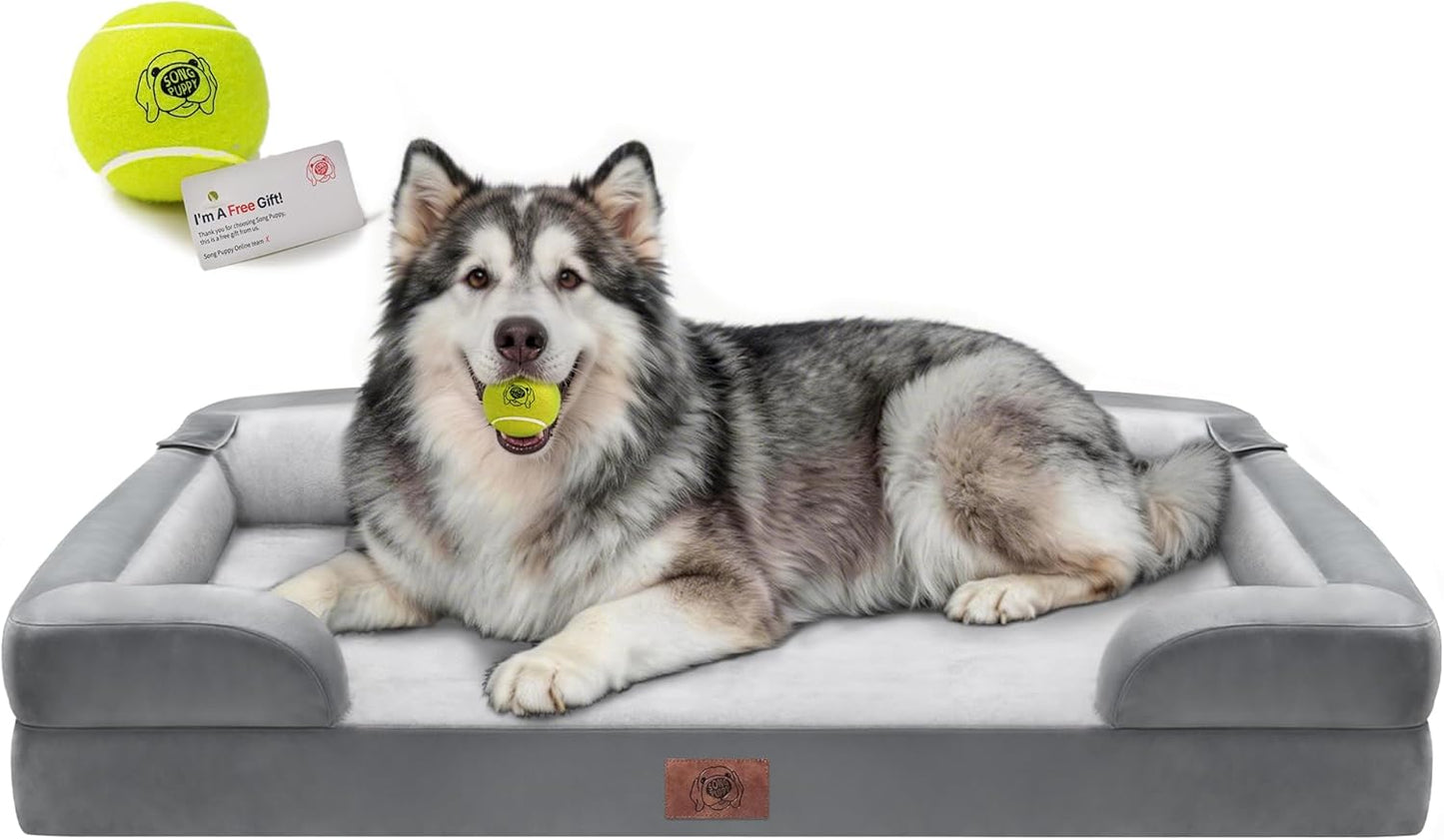 Extra Large Dog Bed, Orthopedic XL Washable Memory Foam Bed for Big Dogs Waterproof Pet Couch Sofa Bolster with Removable Cover, Non-Slip Bottom, Tennis Ball Toy, 42x30