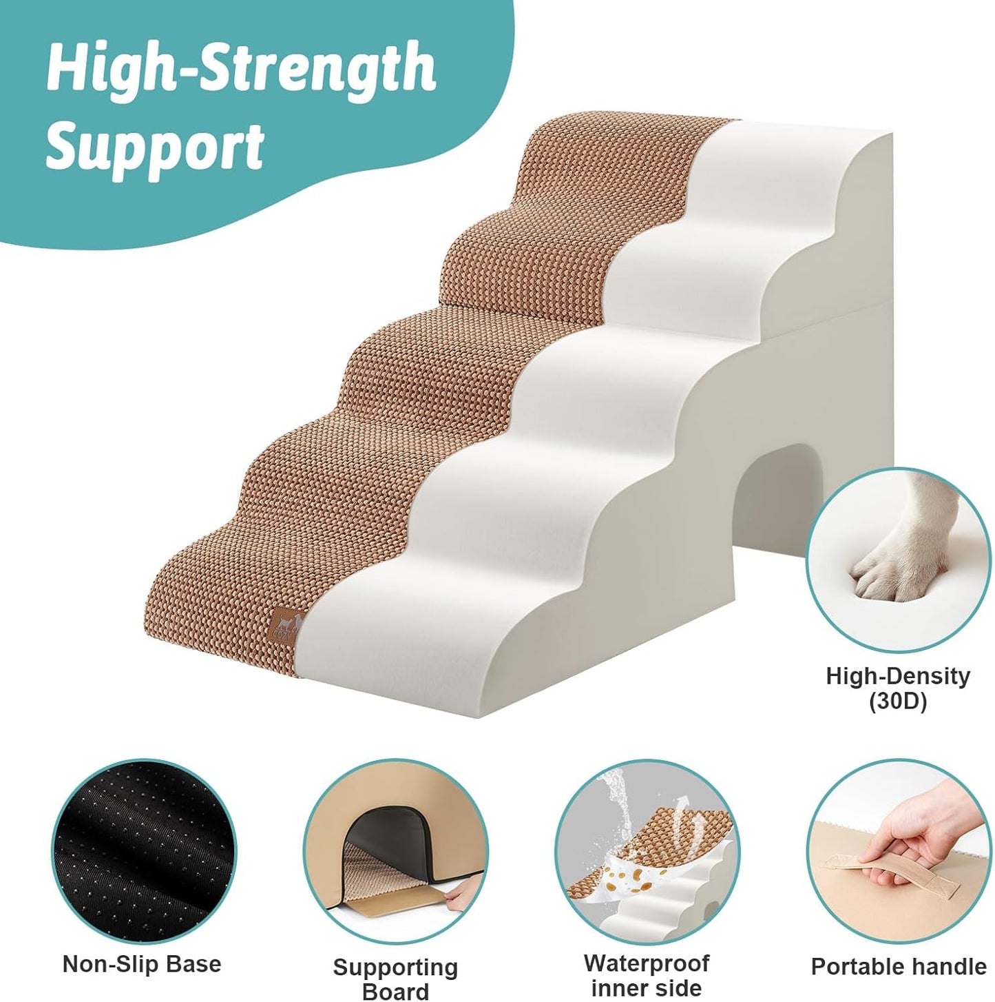COZY KISS Extra Wide Dog Stairs with Tunnel, Foam Detachable Large Dog Step for Small Pet, Puppy or Cats, Medium Pet Ramp for High Bed, Couch, Sofa or Car, 19.7x33x22.4 inch, 5 Step, Beige