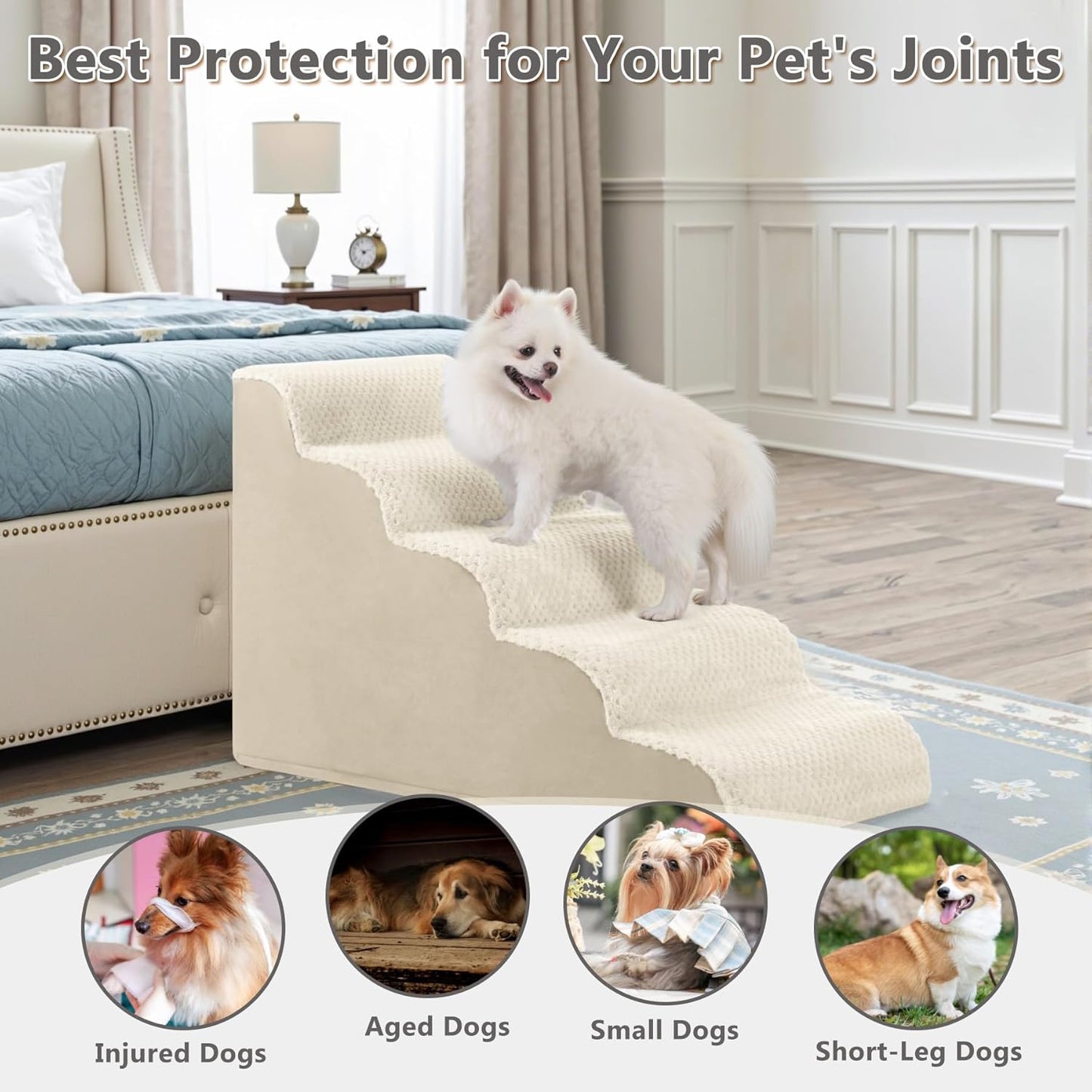 Dog Stairs Ramp, Curved 3-Step Dog Steps for Small Dogs and Cats, Pet Stairs for High Beds and Couch with Anti-Slip Washable Cover and Durable High Density Foam, Dark Grey