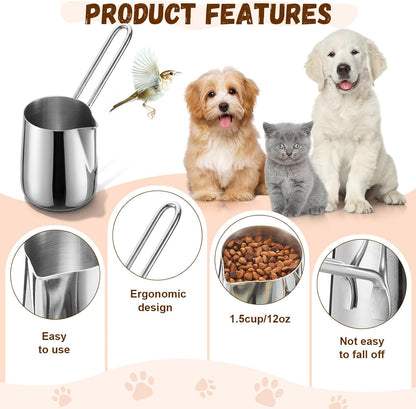 Zonon 2 Pieces 1.5/12 oz Cup Dog Food Stainless Steel Scoop, Durable Metal Dog & Cat Food Cup with Ergonomic No-slip Grip, Easy-clean, Rust-resistant Convenient for Bucket Pet Animal Feeds (Novel)