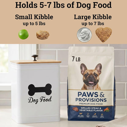 Dog Food Container Airtight 5-7 lb (25 Cup) Capacity - Cute Airtight Dog Food Storage Container with Bamboo Lid & Sturdy Metal Handle - White Metal Kibble Storage Bin for Dogs up to 50 lbs - Pet Jar