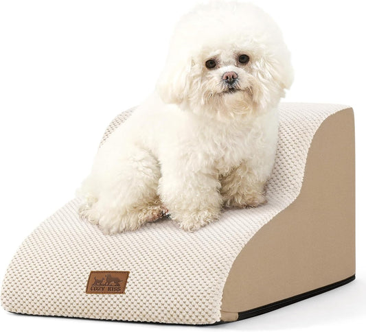 COZY KISS Dog Stairs for Small Dogs 15.7" H, Curved Dog Step for Puppy, Older Cat, Medium Pet Ramp for Sofa, Couch or Chair, Ladder with High Density Foam, 3 Step, 15.7x22.4x15.7 inch, Beige