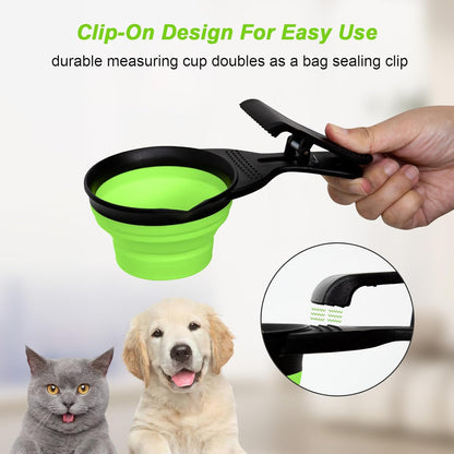Collapsible Dog Food Scoop Foldable Pet Food Bag Clip 3 in 1 Multi-function Silicone Cat Food Measuring Cup Scoop Dog Food Scooper Pet Food Storage Clip (Green, 1 Cup Capacity(1 Pack))