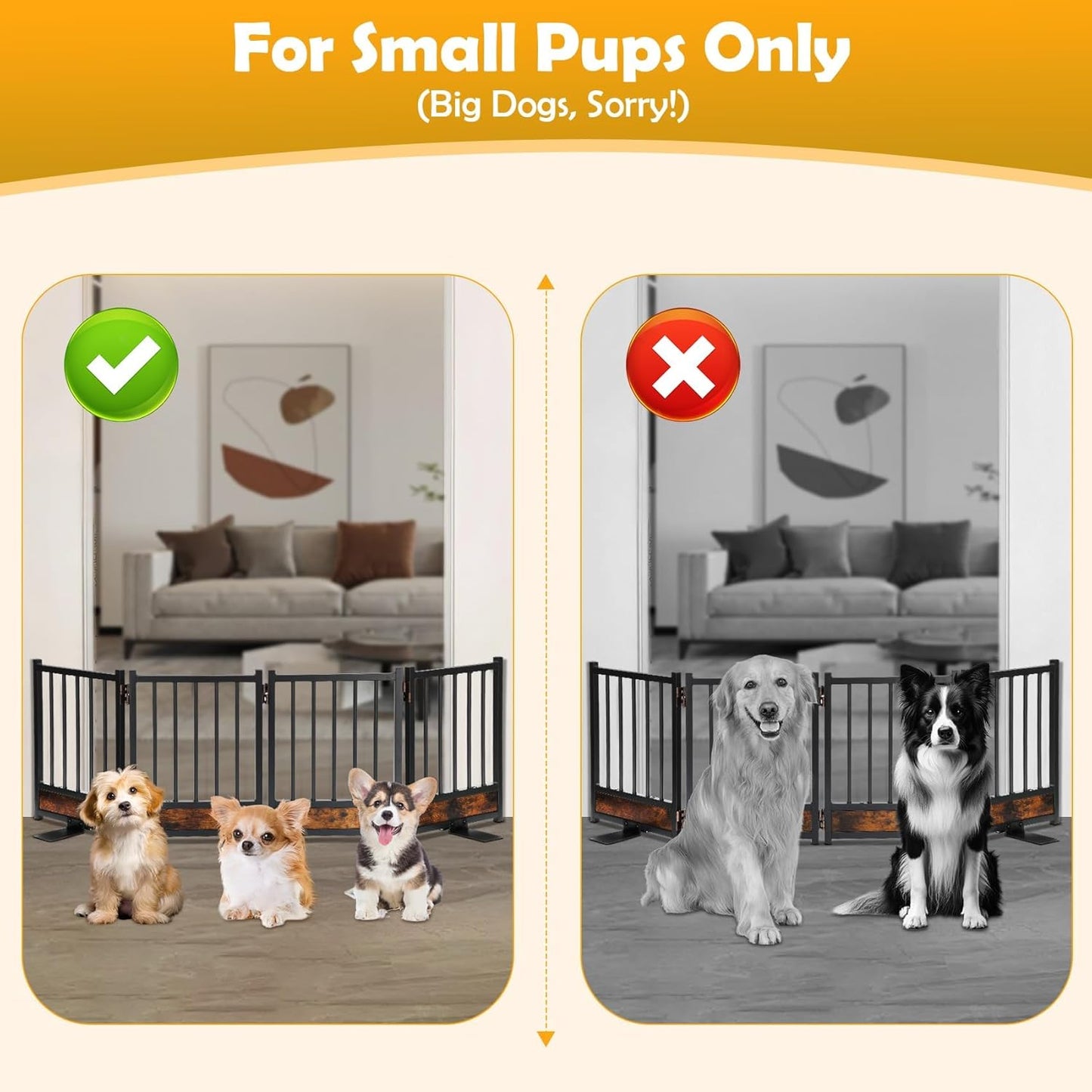 Freestanding Short Dog Gate, 16" Tall Pet Gate Indoor with Support Feet Easily Step Over, 4 Panel Metal Wood Foldable Pet Dog Gate, Up to 48" Wide Puppy Fence, Puppy Gate for for Doorway&Hallway Black