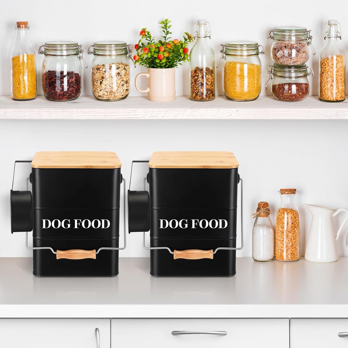 Tioncy 2 Pcs Metal Dog Food Storage Containers Total 10-14 Lbs (50 Cup) Capacity, Airtight Pet Food Canister with Bamboo Lids Scoop DIY Labels Dog Treat Storage Jars for Kitchen Counter(White)