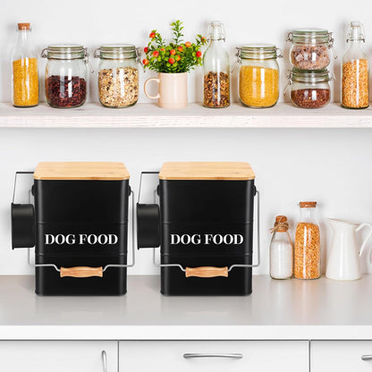 Tioncy 2 Pcs Metal Dog Food Storage Containers Total 10-14 Lbs (50 Cup) Capacity, Airtight Pet Food Canister with Bamboo Lids Scoop DIY Labels Dog Treat Storage Jars for Kitchen Counter(White)