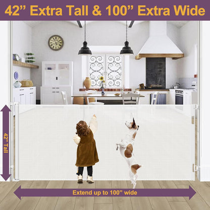 42" Tall X 80" Wide Retractable Dog Gates for Large Openings Extra Tall Retractable Baby Gates for Doorways Extra Tall Pet Gate Indoor Outdoor Long Baby Gate Large Mesh Dog Gate (Gray)
