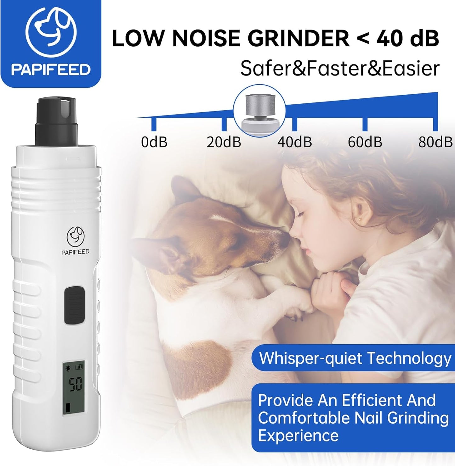 PAPIFFEED Dog Nail Grinder with LCD Display – Quiet Electric Nail Trimmer with Dual LED Light, Safe for Black & Thick Nails, Rechargeable for Small Medium Large Dogs & Cats (White)