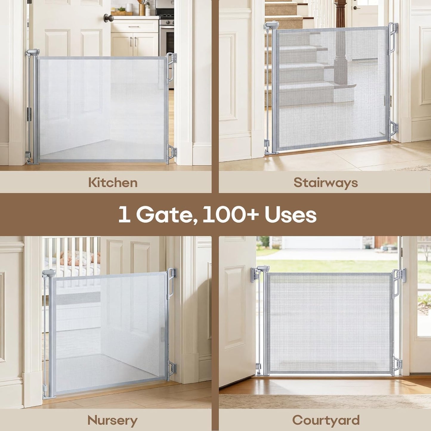 SPACEANY Retractable Safety Baby Gate or Mesh Dog Gate,Durable Portable Mesh Retractable Gate,Easy to Use for Stairs, Doorways, Hallways, Indoor, Outdoor, 33.5" Tall, Up to 45" Wide, Cream