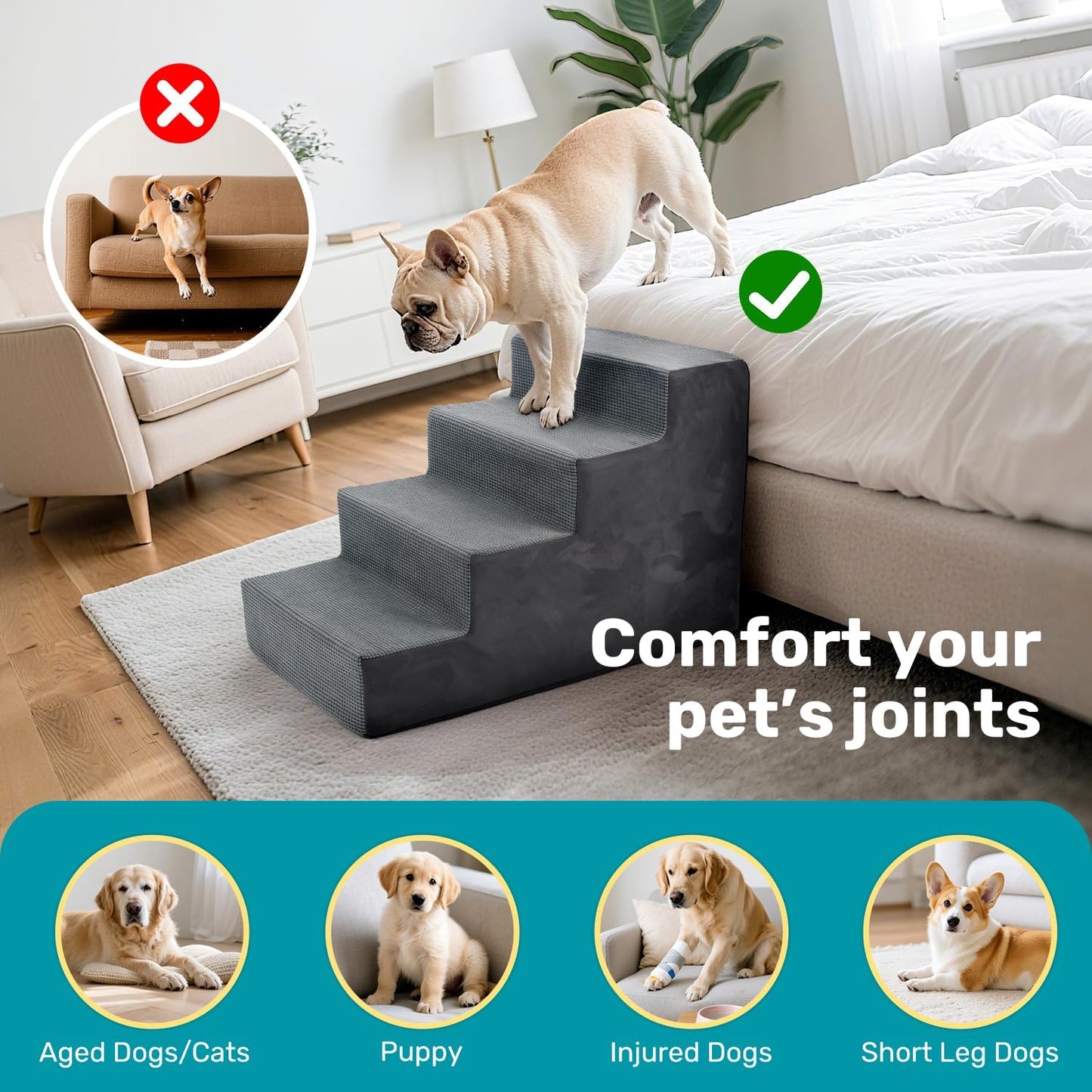 Heeyoo Dog Stairs for Small Dogs,5-Step Dog Steps for High Bed and Couch, High-Density Foam Pet Steps with Supporting Board, Non-Slip Removable Washable Cover, Grey
