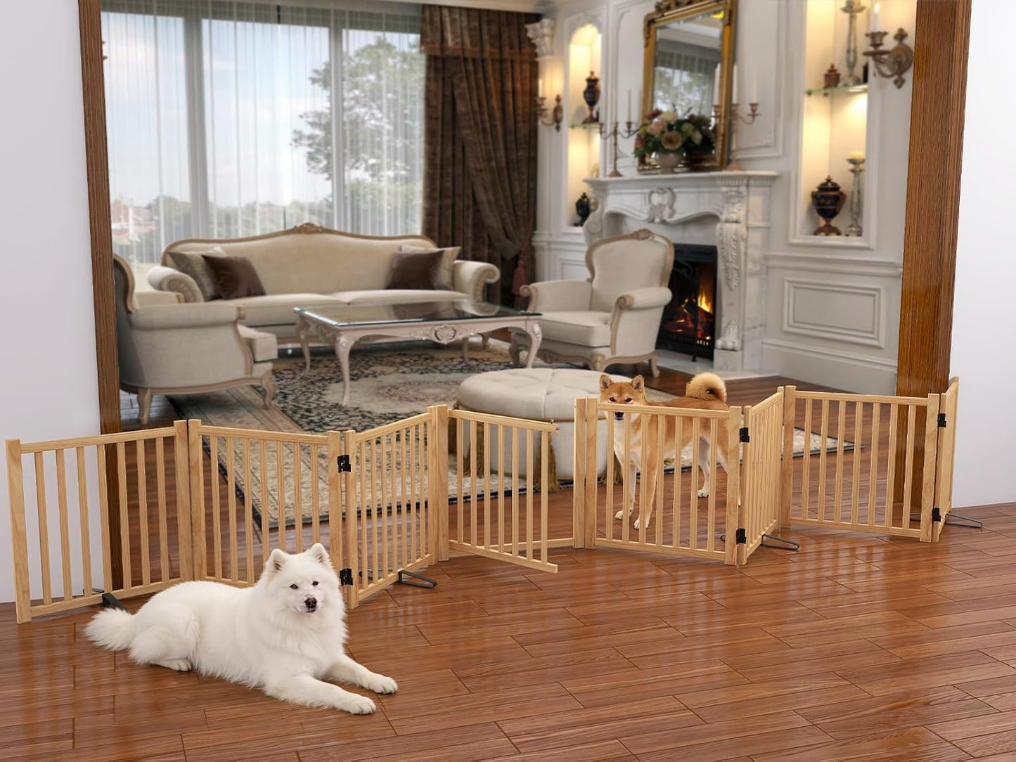 Wooden Dog Gate Indoor, 23" H Freestanding Dog Gates with Door, No-Painted Foldable Puppy Fence, Doggy Barrier for Doorway, Stairs- 4 Panels
