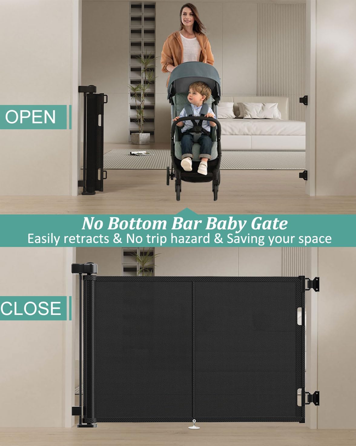 Miumoon 120 inch Retractable Baby Gates 34 inch Tall, Retractable Gate with Reinforced Strip Design to Prevent Crawling Through, 10 FT Extra Wide Retractable Dog Gate for Indoor/Outdoor