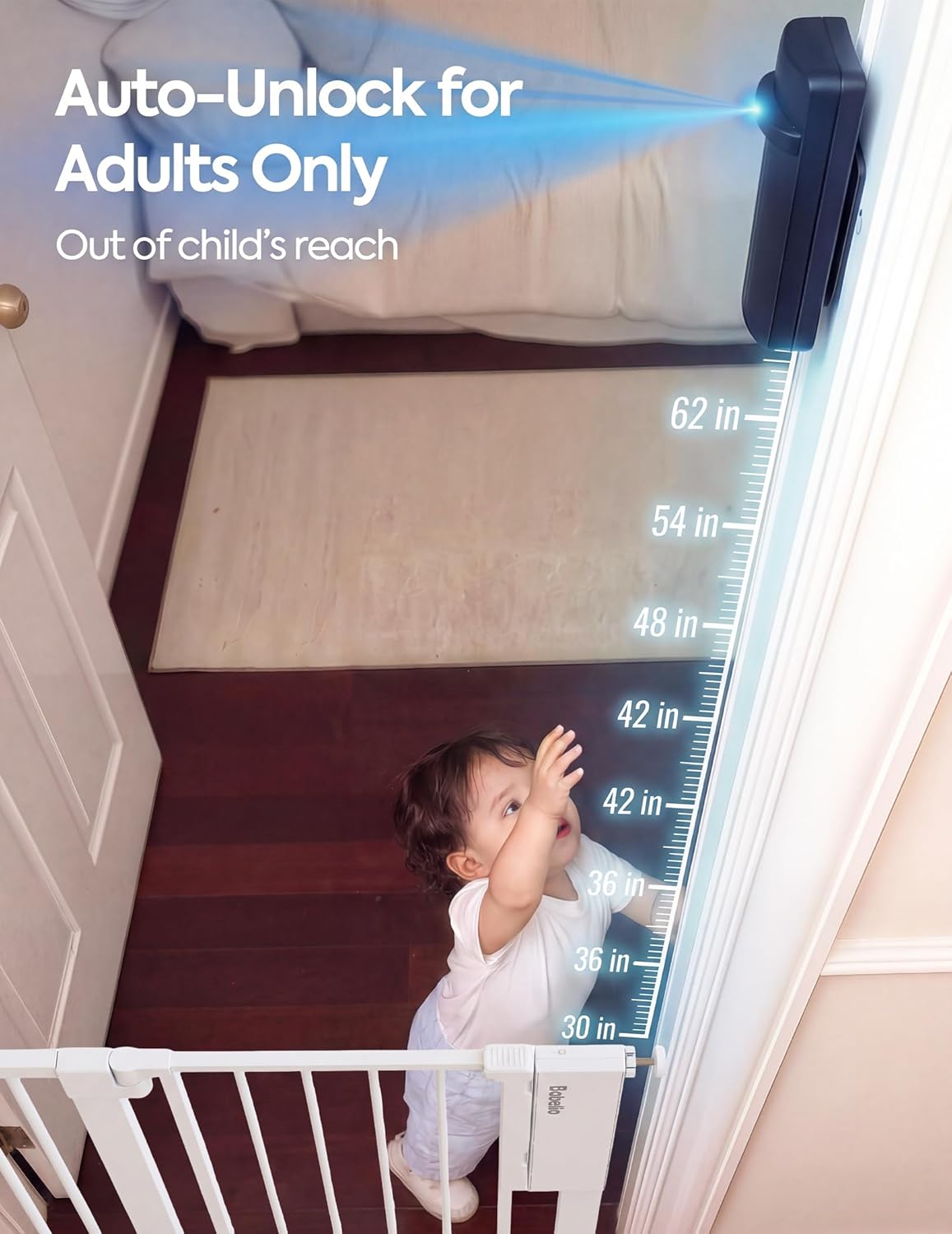 Babelio Smart Baby Gate with Auto-Unlock/Close, Pressure Mounted No Drill for Doorways/Top of Stairs. Pet/Dog Door Wide Walk Thru w/Infrared Sensor & Safety Alert (Black, 26.3-37.8" W, 30" H)