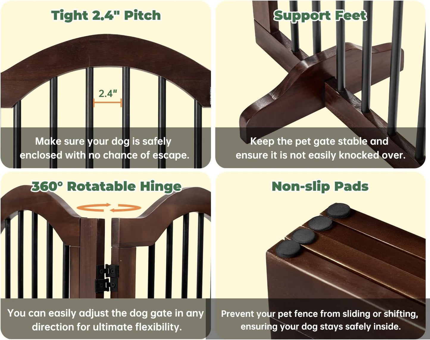 PrimeZone 144" Extra Wide Dog Gate - 36" Tall 6-Panel Solid Acacia Wooden Freestanding Puppy Gates with Door, Foldable Indoor Pet Fence for Doorways, Stairs, Support Feet Included, Brown