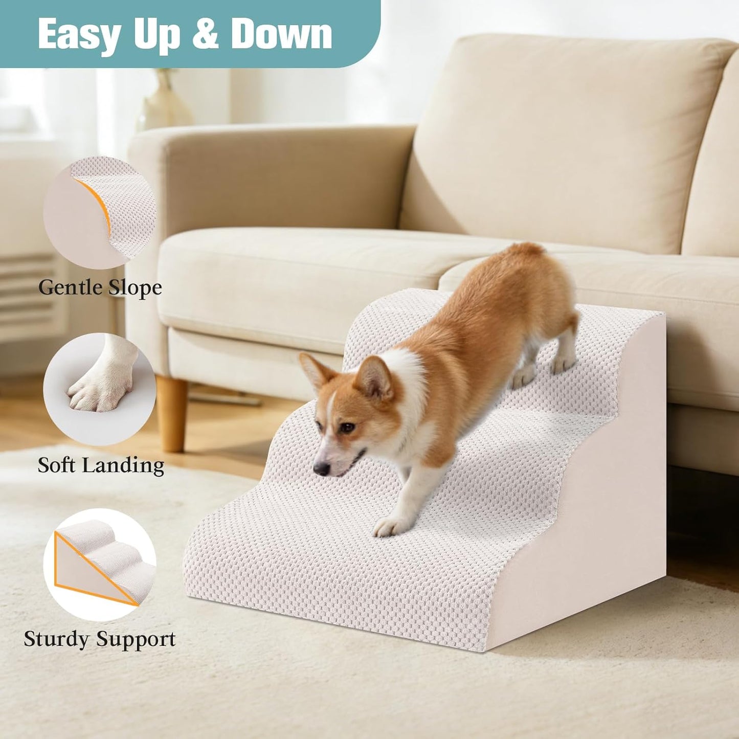 Dog Stairs for Small Dogs, 2-Step Dog Steps for Couch Sofa and Chairs, High-Density Foam Pet Steps Ramp with Removable Washable Cover for Older Injured Puppy Dogs and Cats, 11.81" H, Grey