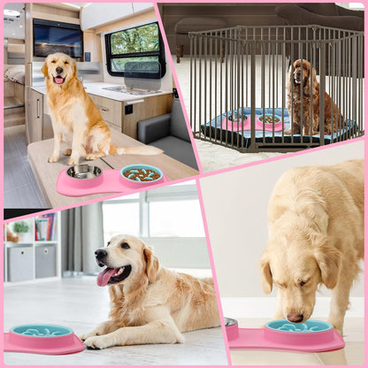 Anipaw Slow Feeder Dog Bowls 3 in 1 Stainless Steel Food and Water Bowls with Non-Spill and Skid Silicone Mat to Slow Down Eating for Large Medium Small Breed Size Dogs and Cats