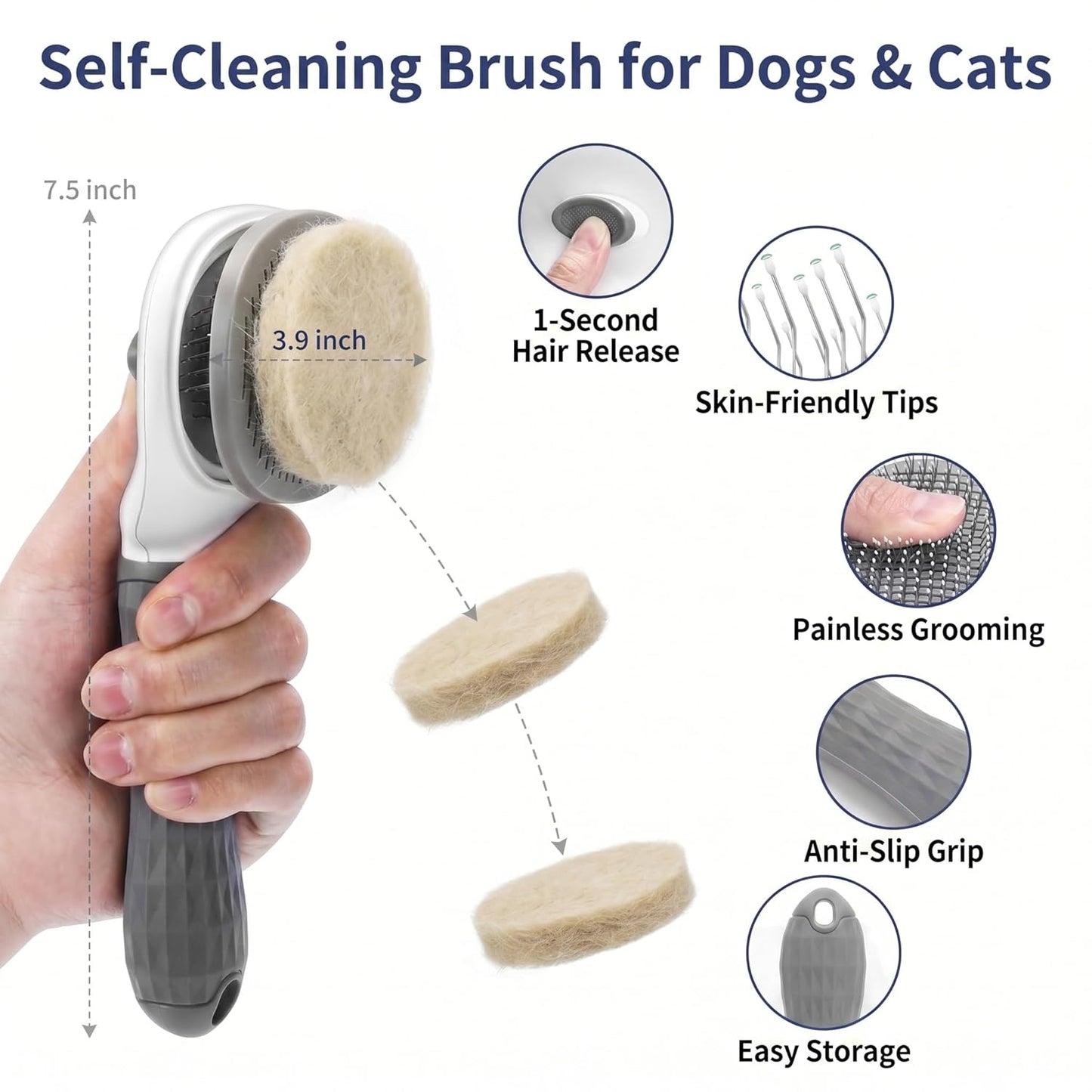 Dog Brush Grooming Kit 5 PCS - Self Cleaning Slicker Brush for Shedding Short Long Haired Dogs & Cats, Includes Pet Comb, Flea Comb, Bath Brush, Undercoat Rake - Complete Fur Care Set - Gray
