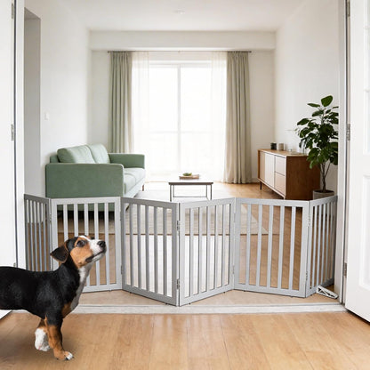 ZJSF Freestanding Indoor Dog Gate for House Foldable Wood Puppy Gate for Doorways Pet Gate for Stairs Extra Wide Pet Fence, Brown, 24" Height 3 Panels