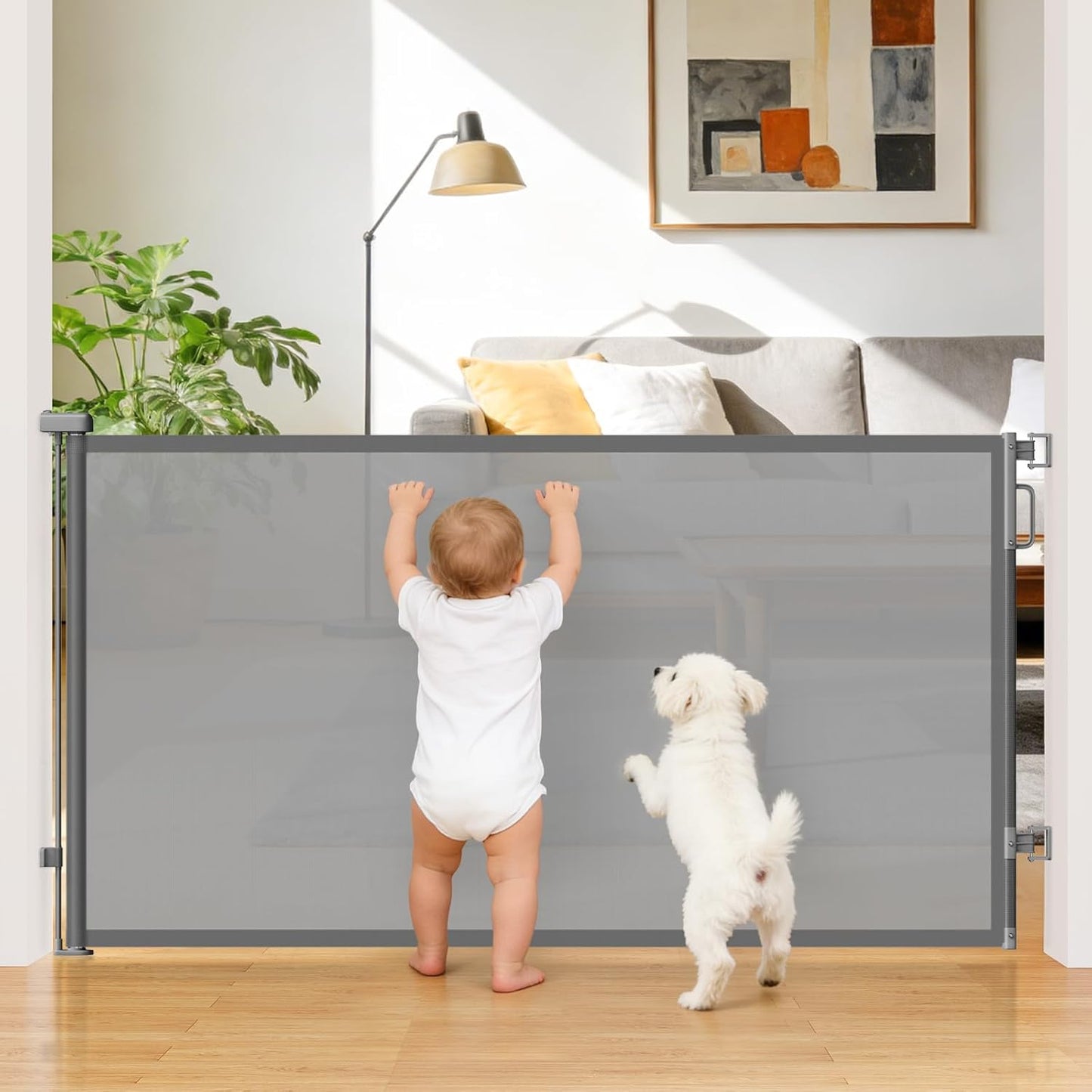 Retractable Baby Gate for Stairs & Doorways, Mesh Dog Gate Indoor Outdoor, Extends to 55" Wide 34" Tall Child Gate for Hallways, Deck, Porch, Pet Toddler Safety Essentials, Easy Install, Grey