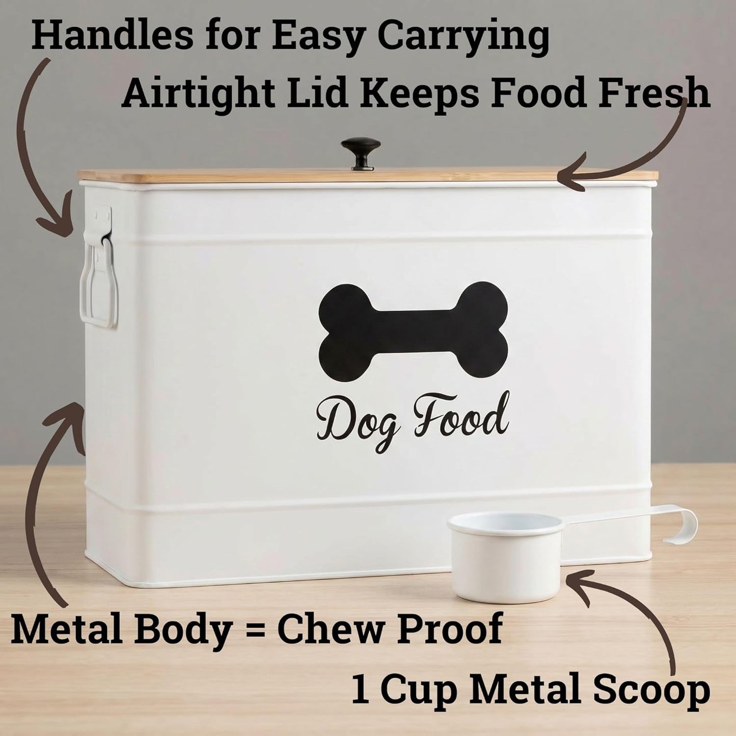Dog Food Container Airtight 15-20 lb (70 Cup) Capacity with Metal Scoop - Cute Airtight Dog Food Storage Container with Bamboo Lid - Black Metal Kibble Storage Bin for Dogs up to 100 lbs - Big Pet Jar