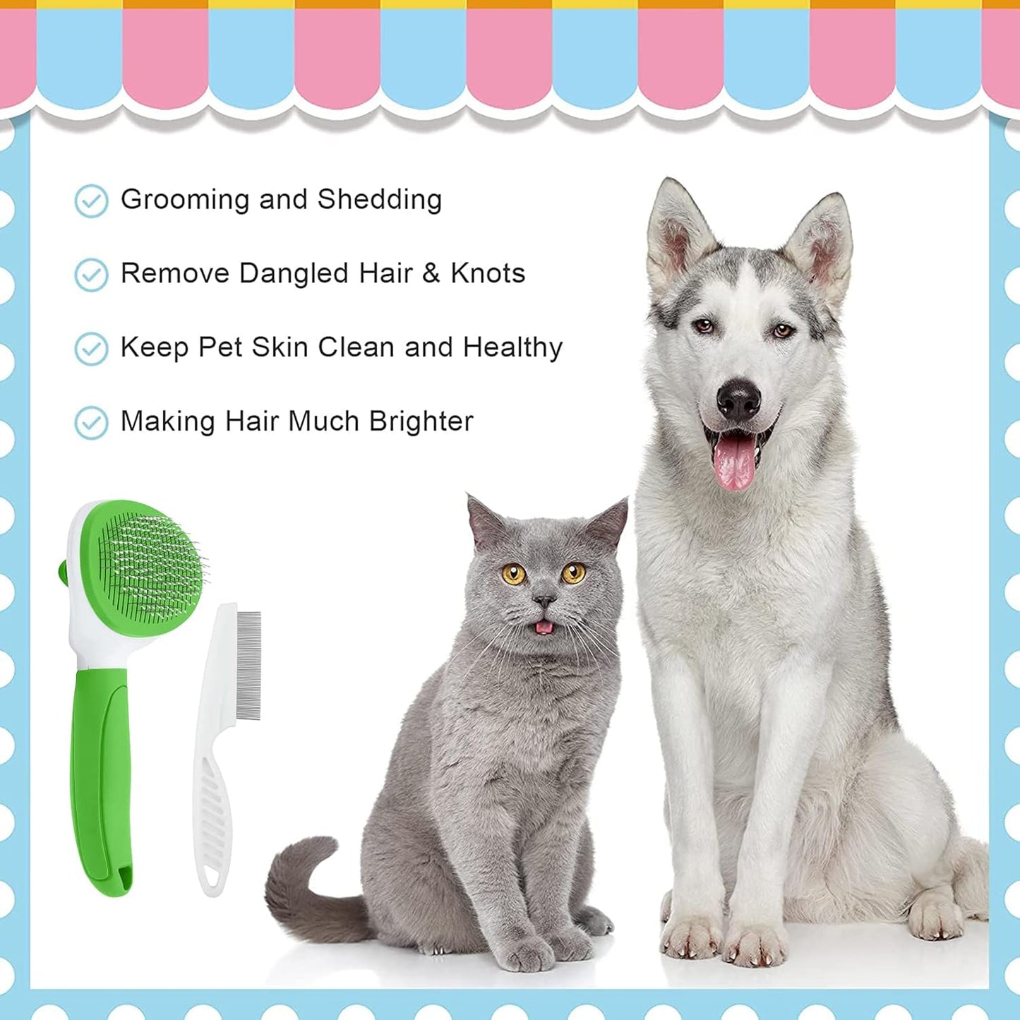 Cat Brushes for Indoor Cats, Dog Brush for Shedding with Metal Cat Comb, Self Cleaning Pet Hair Brush with Release Button for Grooming Kitten(Pink)