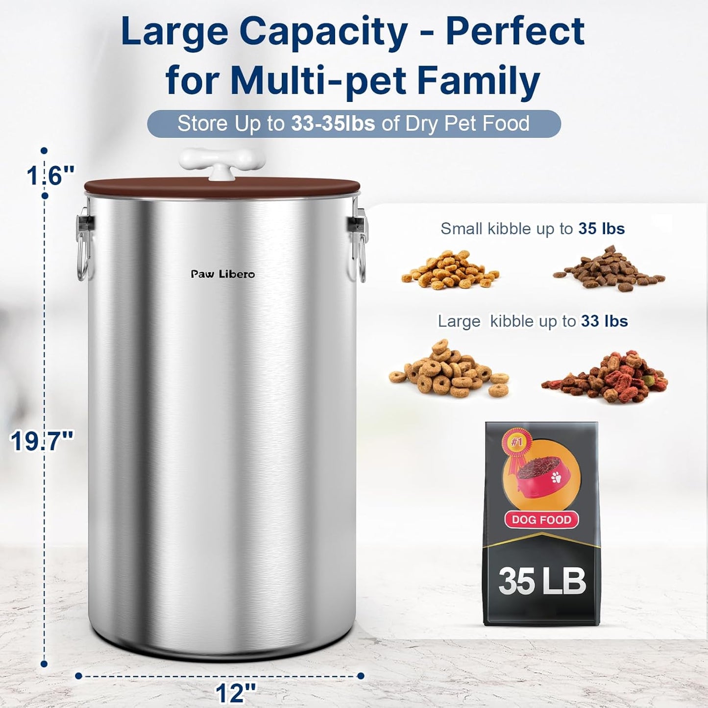 Paw Libero 25 Lbs Stainless Steel Dog Food Storage Container with Airtight Lid & Ceramic Bone Handle, Large Metal Dog Food Bin for Dogs & Cats, Keep Fresh, Easy to Clean