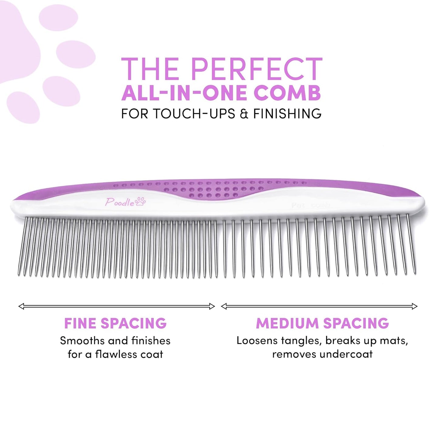 Poodle Pet Dog Combs for Grooming | 2 Pack | Stainless Steel Teeth Easily Remove Dirt | Proper Care Prevents Knots and Mats for Long and Short Haired Pets | Anti-Slip Comfort Grip Handle (Purple)