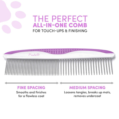 Poodle Pet Dog Combs for Grooming | 2 Pack | Stainless Steel Teeth Easily Remove Dirt | Proper Care Prevents Knots and Mats for Long and Short Haired Pets | Anti-Slip Comfort Grip Handle (Purple)