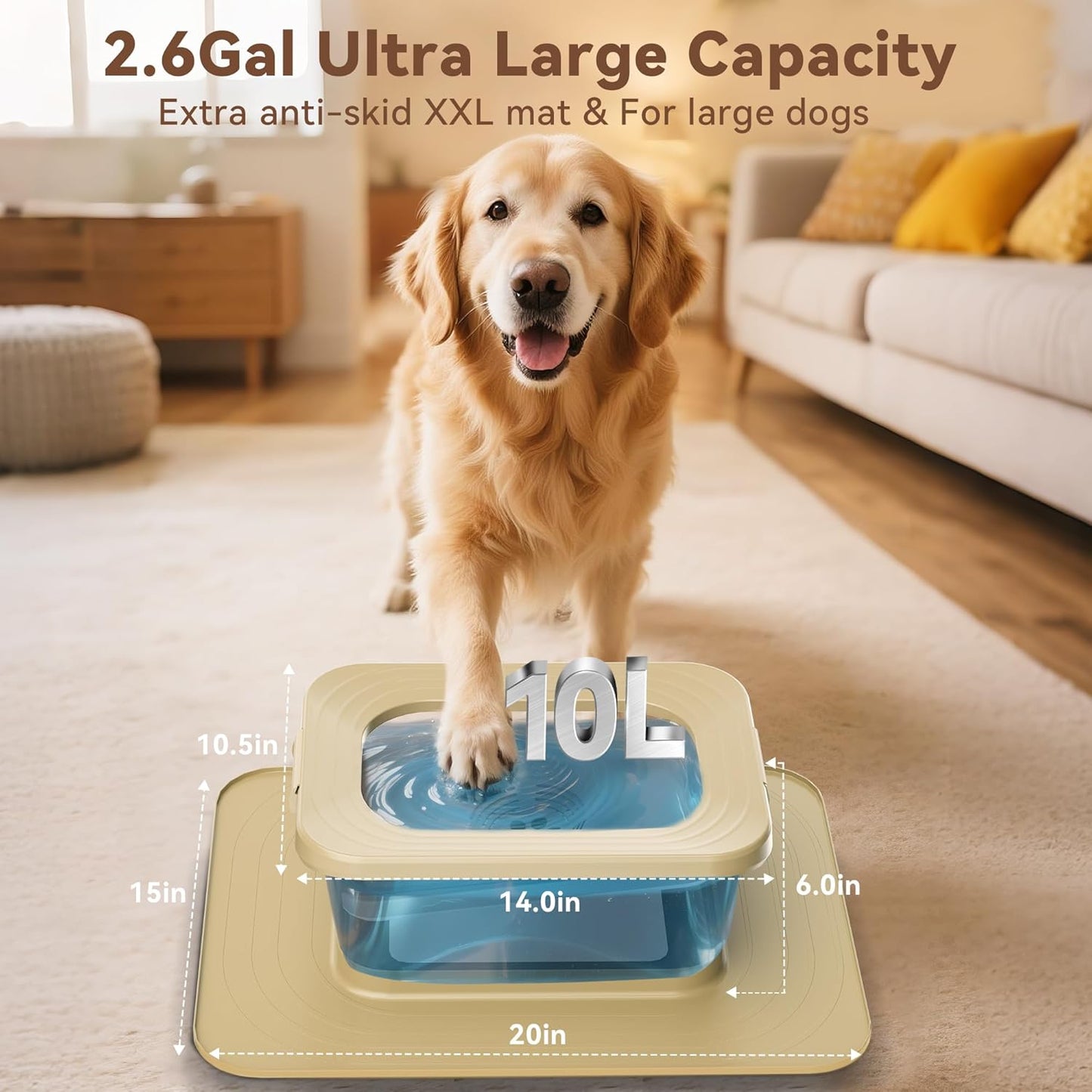 10L No Spill Dog Water Bowl, 2.6 Gal Stainless Steel No Splash Large Dog Water Bowl with Non-Slip Silicone Mat, Spill Proof Slow Drinking Pet Bowls for Messy Drinkers Indoor/Outdoor Use Black