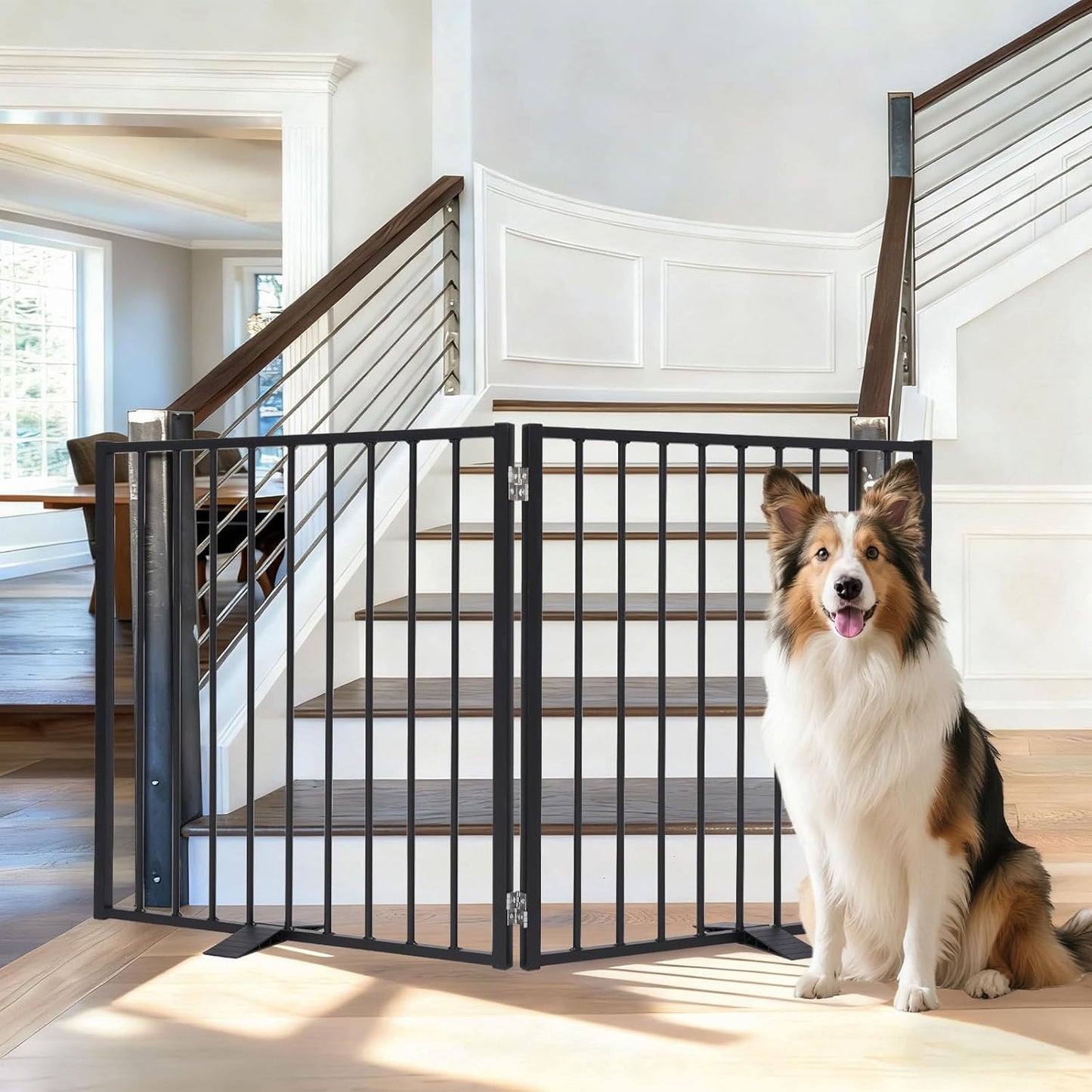 104" Extra Wide Dog Gate, Heavy Duty Metal Freestanding Dog Gate with Door for Indoor & Outdoor, Foldable Pet Fence for Doorways,House,Porch,Deck,Yard,Stairs, Auto Close(4 Panels,Black)