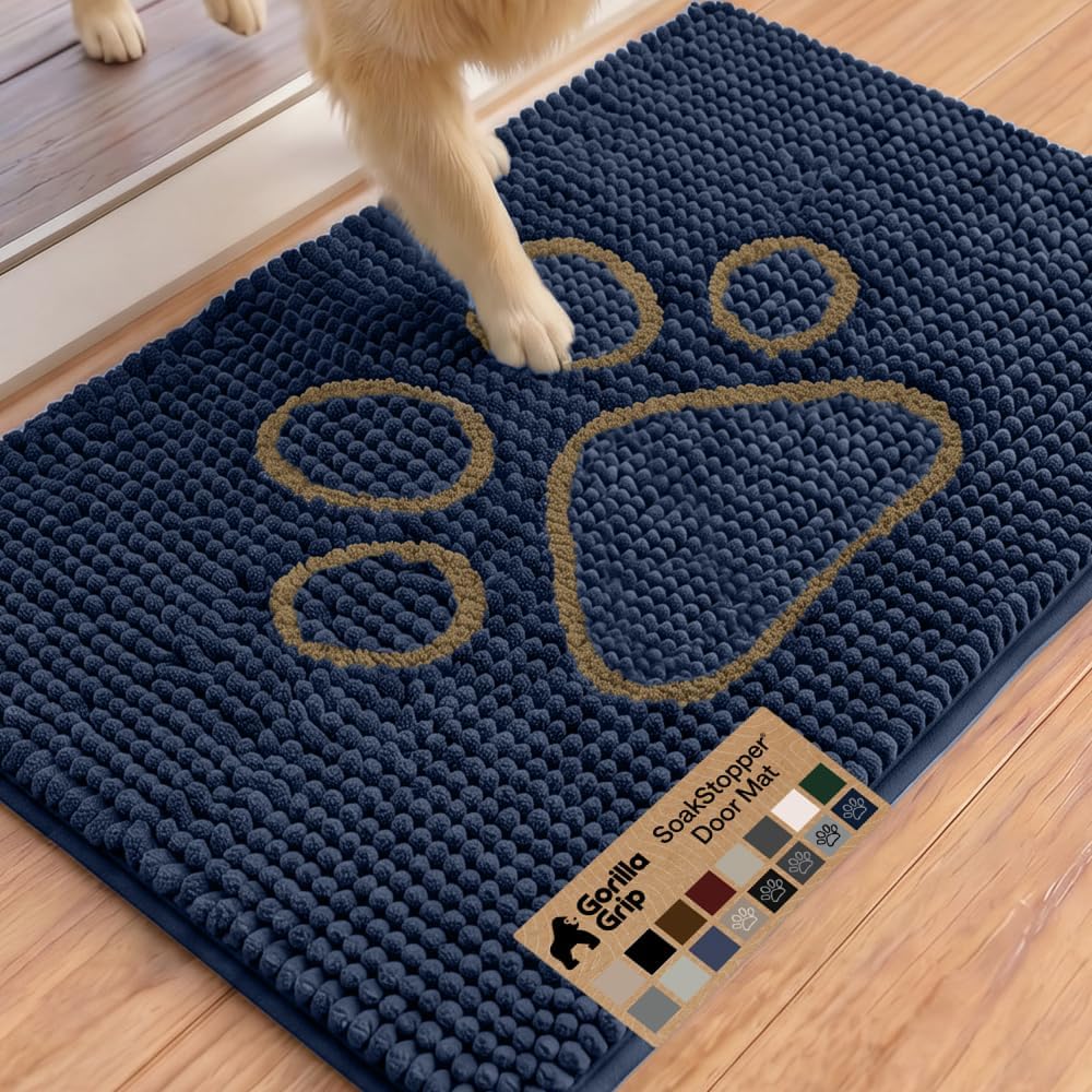 GORILLA GRIP SoakSTOPPER Dog Door Mat, 30x20 Machine Washable Rug Absorbent Doormat Captures Moisture Mud Dirt, Quick Dry Soft Chenille Entryway Rugs Indoor Entrance Mats for Dog Paws, Paw Grey
