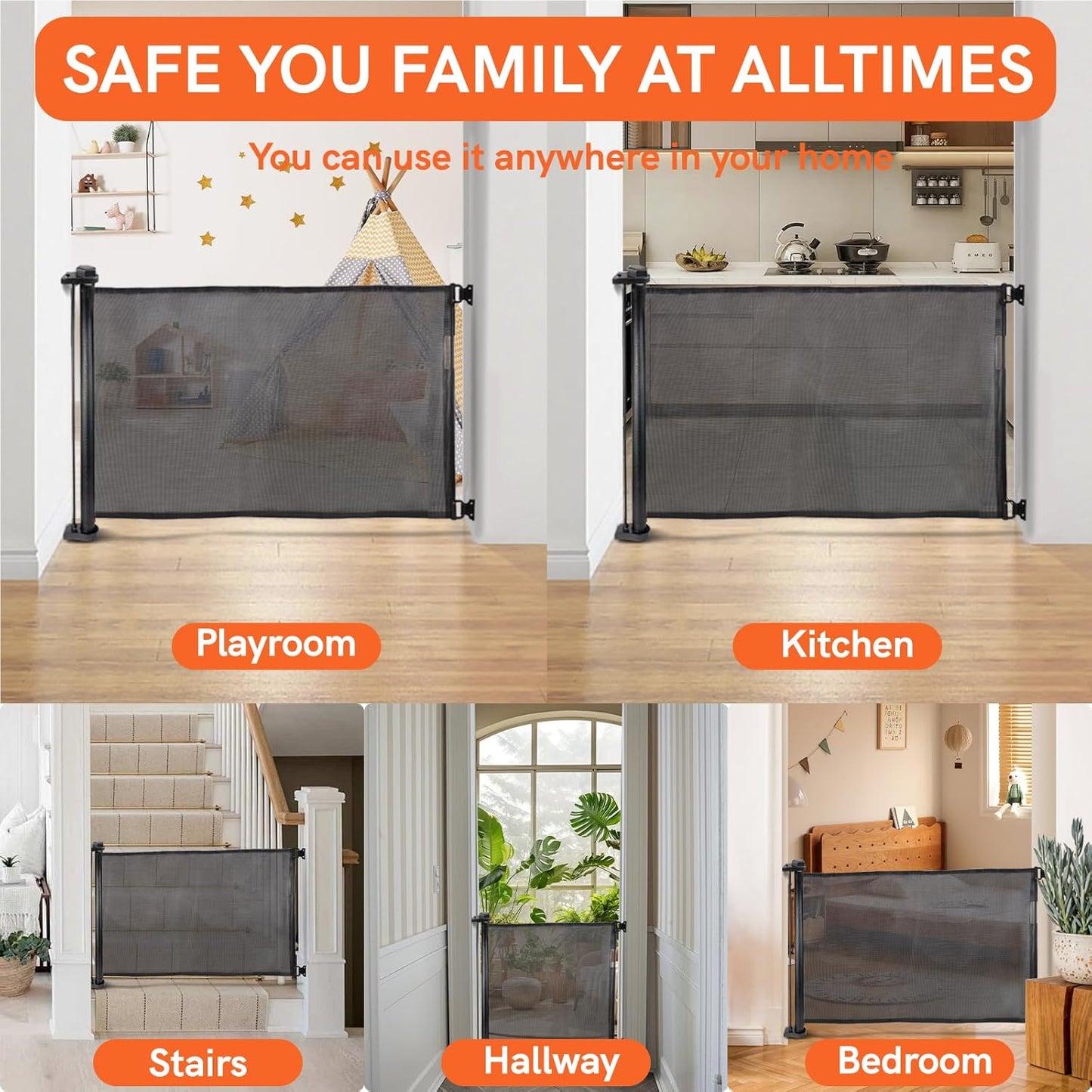 Extra-Wide Retractable Baby & Pet Gate - 31" Tall, Extends up to 71" Wide, Easy One-Hand Operation, Family Choice Award Winner, Safe for Kids & Pets, Indoor & Outdoor, Black