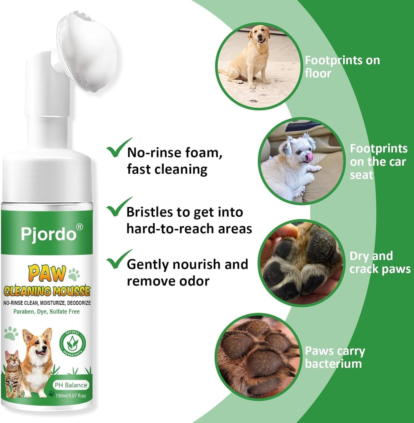 Pjordo Dog Paw Cleaner - No-Rinse Pet Paw Cleanser for Dogs, Repairs Dry Cracked Paws, Protector Kit for Pet Foot Care