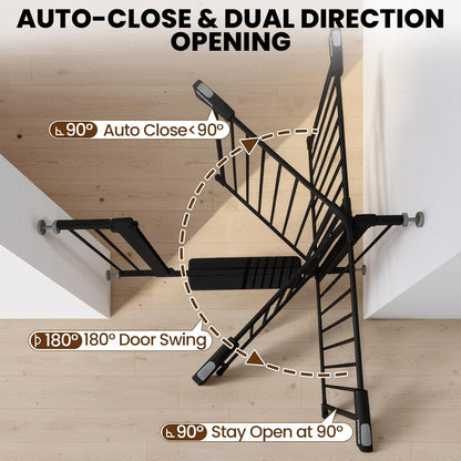 Baby Gate for Stairs, 29.7-40.6" Auto Close Dog Gate Indoor for Doorways, Dual-Lock Design, Adjustable Pet Gate No Drilling with Walk Thru Door for Hallways, Stroller Friendly, Black