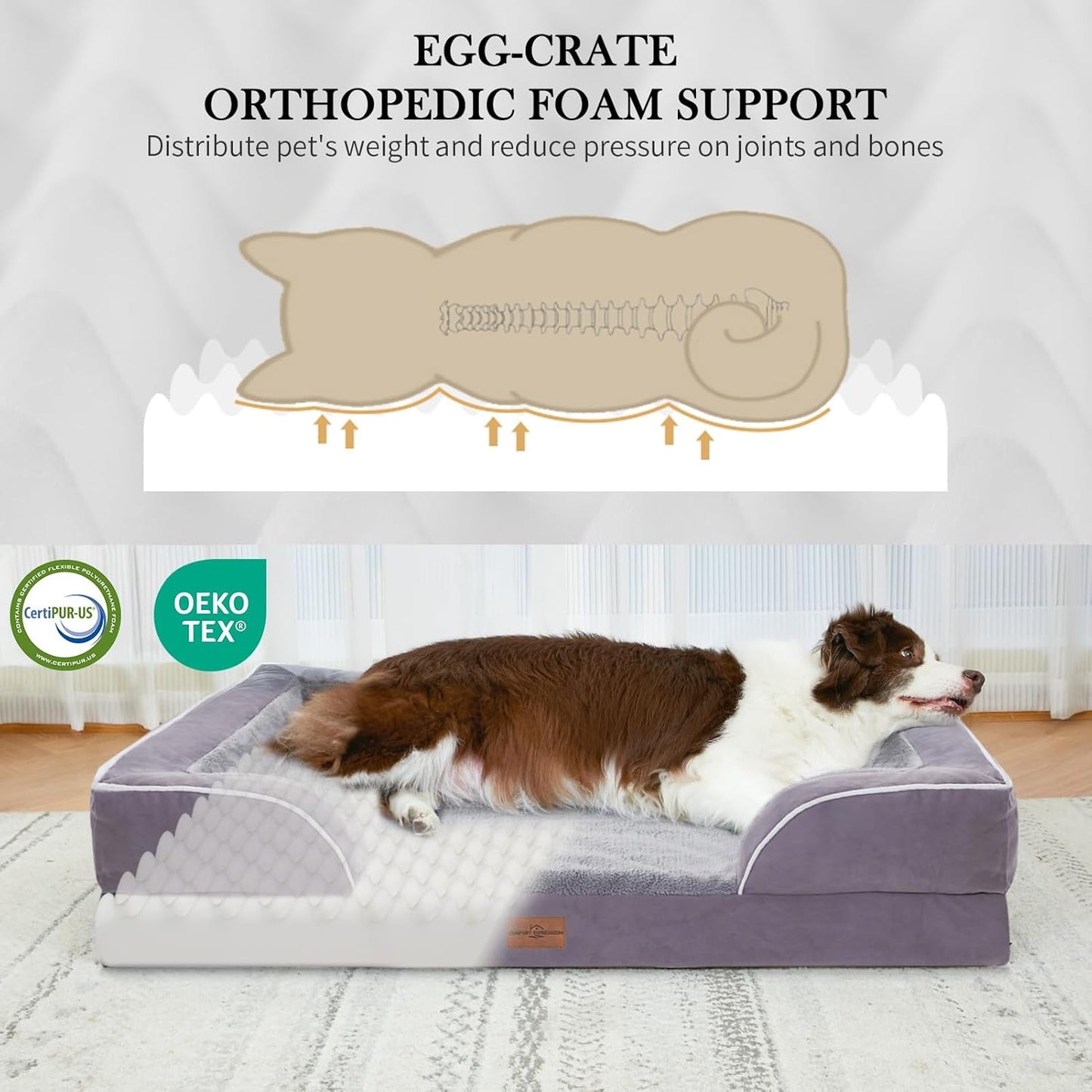 Comfort Expression Orthopedic Dog Bed for Extra Large Dogs 42x30 Inch, Waterproof Egg Crate Foam XL Pet Bed with Removable Bolsters, Dog Couch with Washable Cover & Non-Slip Bottom, Grey - Colors A