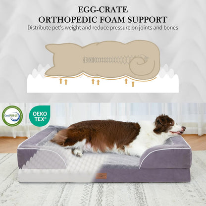 Comfort Expression Orthopedic Dog Bed for Extra Large Dogs 42x30 Inch, Waterproof Egg Crate Foam XL Pet Bed with Removable Bolsters, Dog Couch with Washable Cover & Non-Slip Bottom, Grey - Colors A