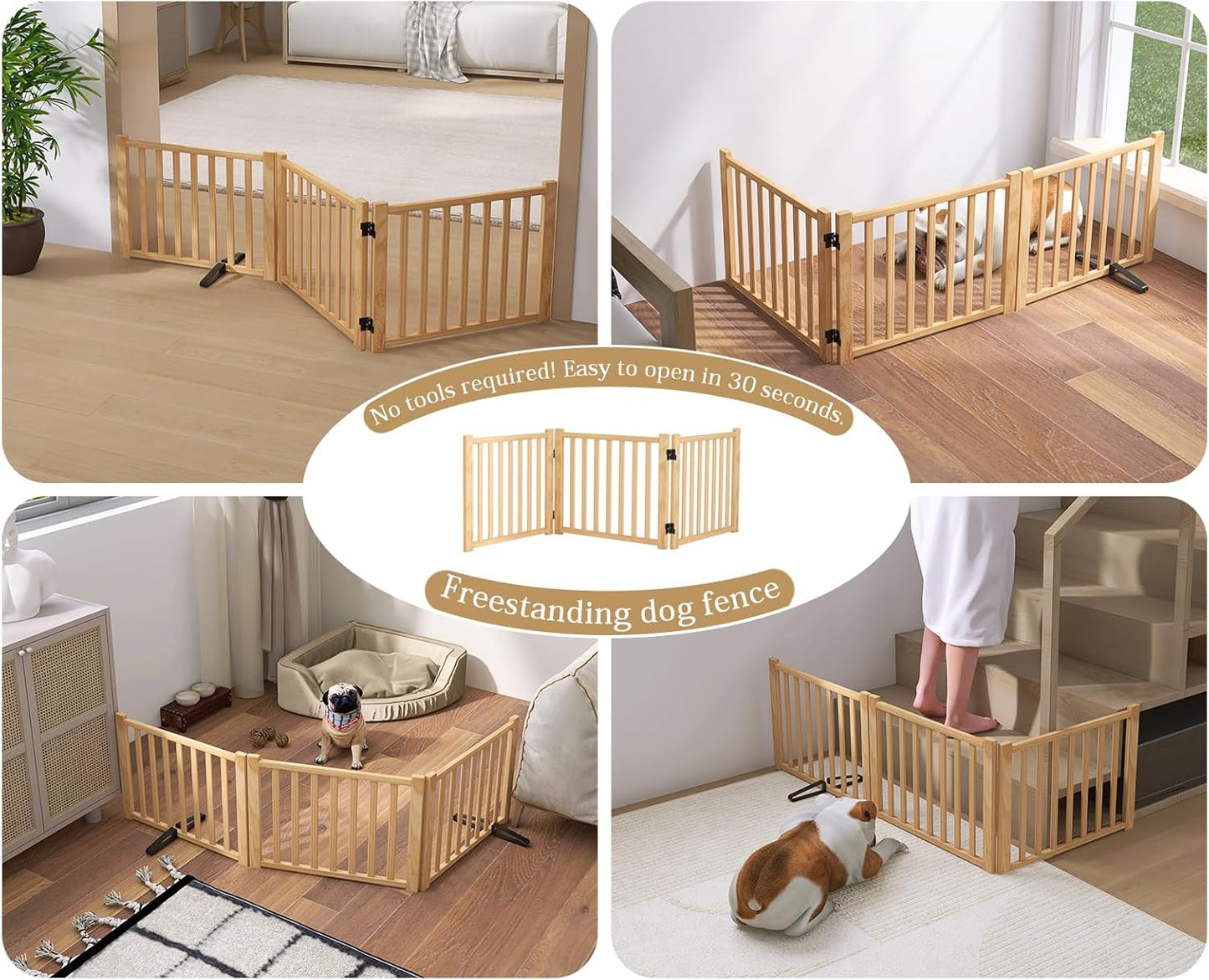 Wooden Freestanding Dog Gates,23" H Foldable Wood Pet Gate Indoor, No-Painted Puppy Gate for Doorways, Stairs, 23" Height-2 Panels