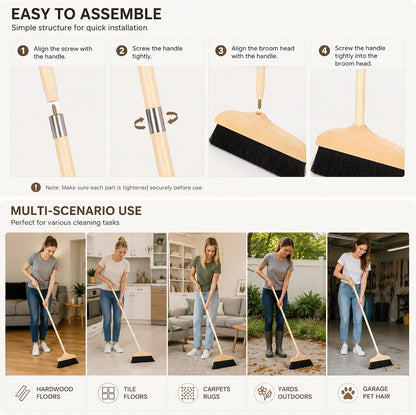 Mikikit Horsehair Broom with Long Handle Soft Bristle Sweeper Wooden Broom Indoor for Hardwood Floors Carpets Home Kitchen Office Pet Hair Cleaning