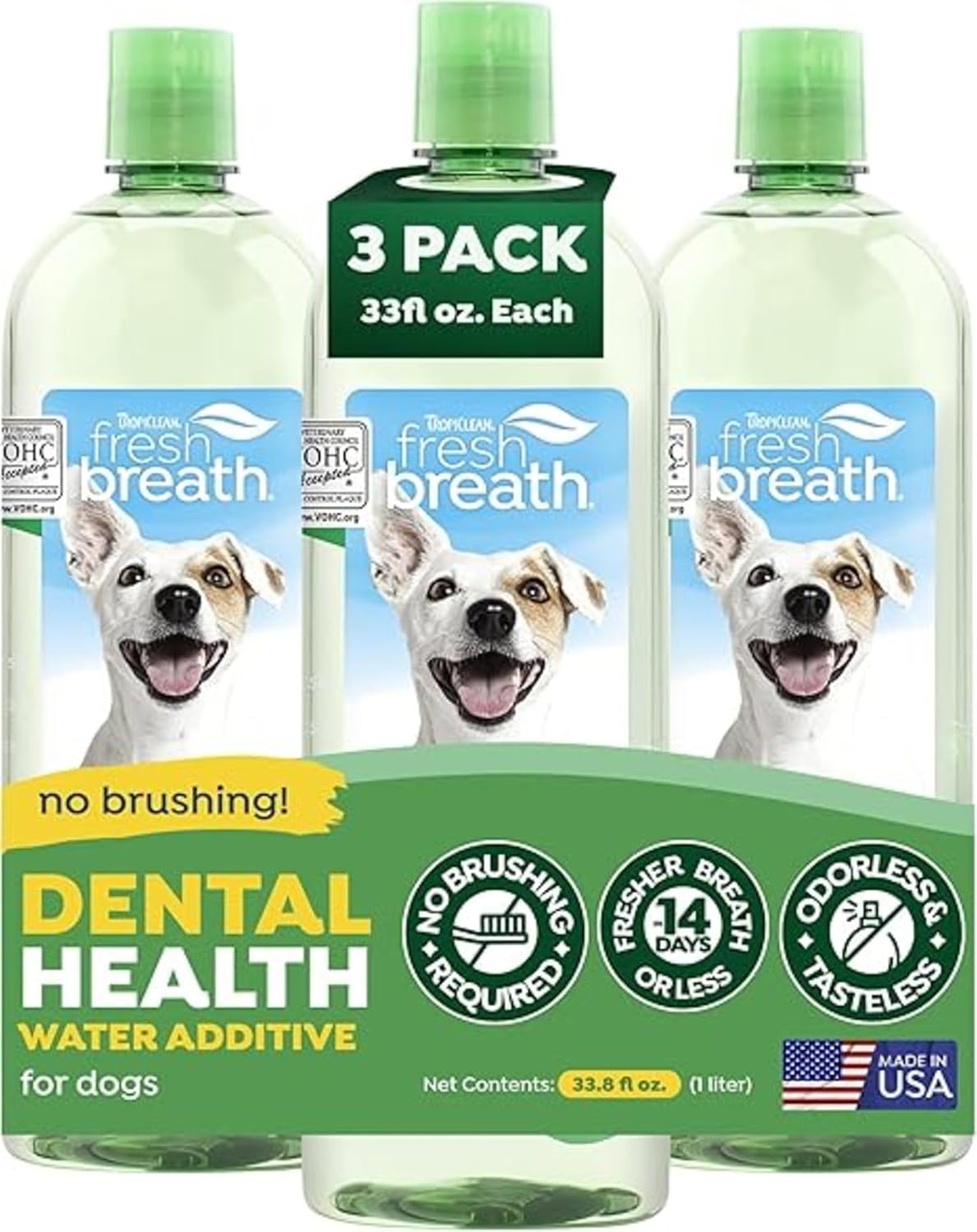TropiClean Fresh Breath Water Additive for Dogs, Dog Breath Freshener and Teeth Cleaning Solution, No Toothpaste or Toothbrush Required, 16oz.