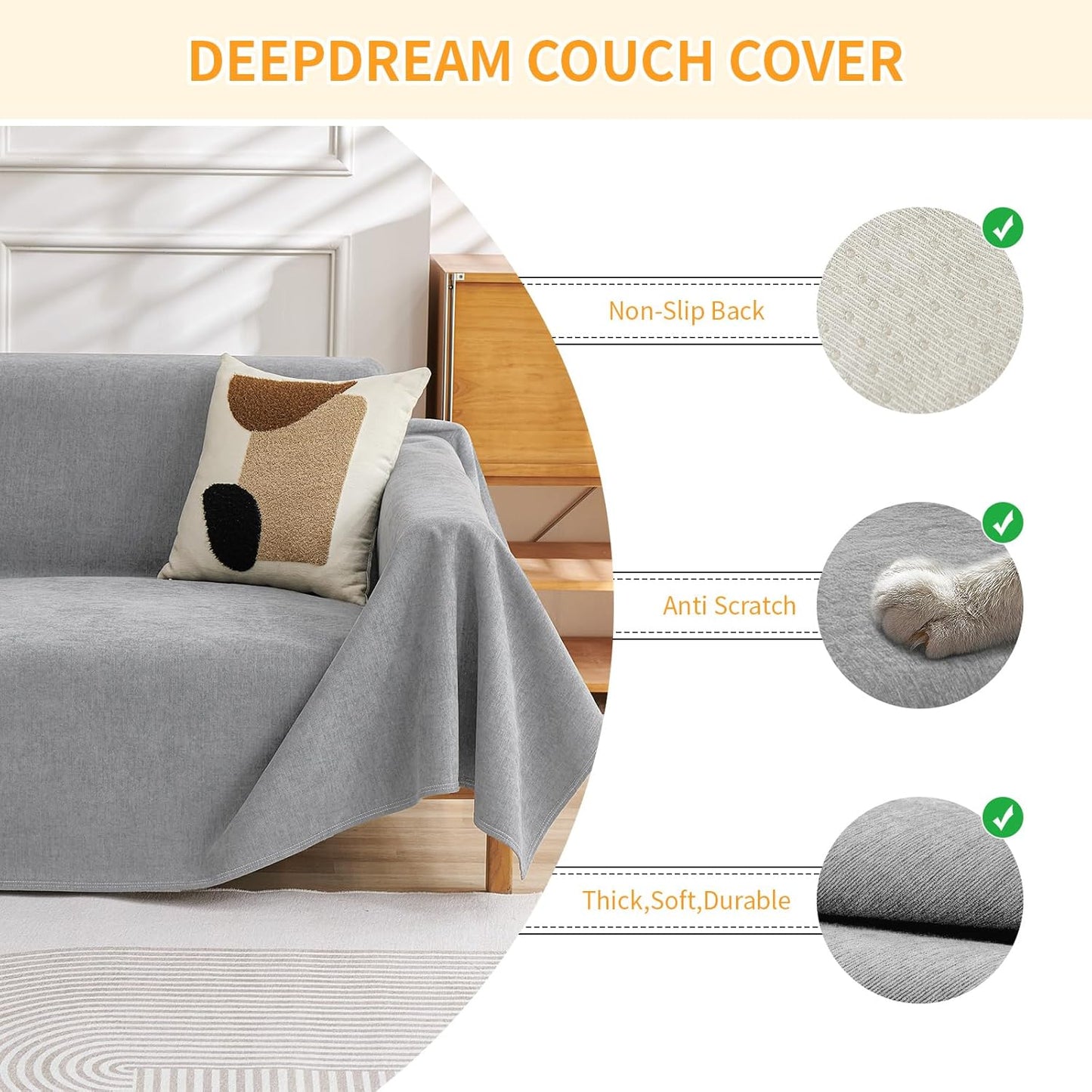 Deep Dream Cat-Scratch Resistant Couch Cover, Waterproof Sofa Cover for 3 Cushion Couch Washable, Pet Friendly Couch Protectors Anti Slip Thickened Love Seat Slipcovers for Pets, 71" x 118", Dark Grey