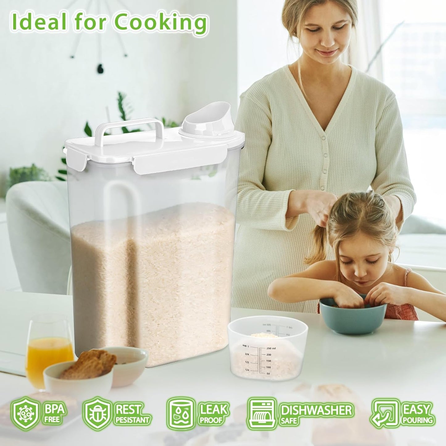 Viretec Rice Airtight Storage Container, 3 to 5Lbs Cereal Dry Food Flour Bin, Pet Dog Cat Food Dispenser with Measuring Cup, BPA Free Clear Plastic Kitchen and Pantry Organization Bin for Sugar