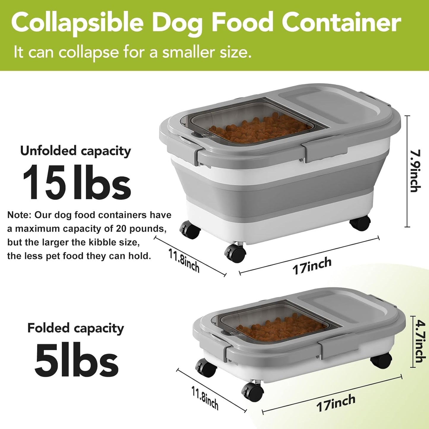 Summark 15 Lbs Dog/Cat Food Storage Container,Collapsible Food Storage Containers with Rolling Wheel Airtight Locking Lid,Pet Food Storage Container with Cup and Scoop,Grey